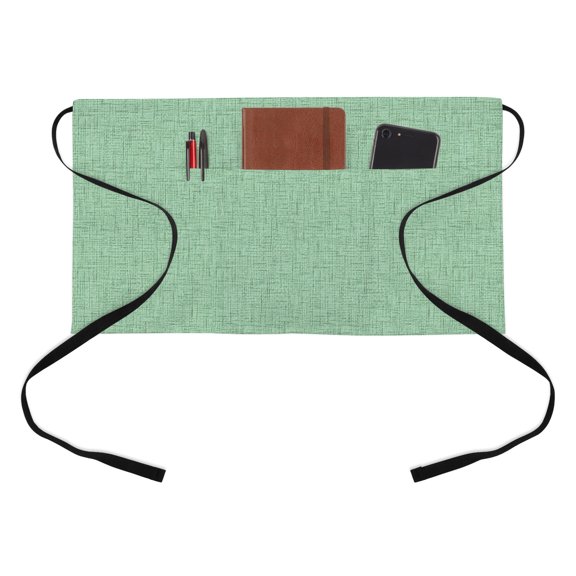 Mint Green Solid Kitchen Restaurant Half Waist Apron, Minimalist Cloth Grass Green Linen Texture Server Short Apron with 3 Pockets Waterproof Oil Waist Aprons for Women Waitress Waiter