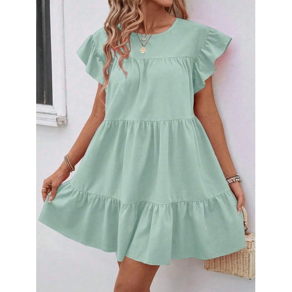 Mint Green Solid Ruffle Hem Smock Dress With Flutter Sleeves For Casual Holiday Wear