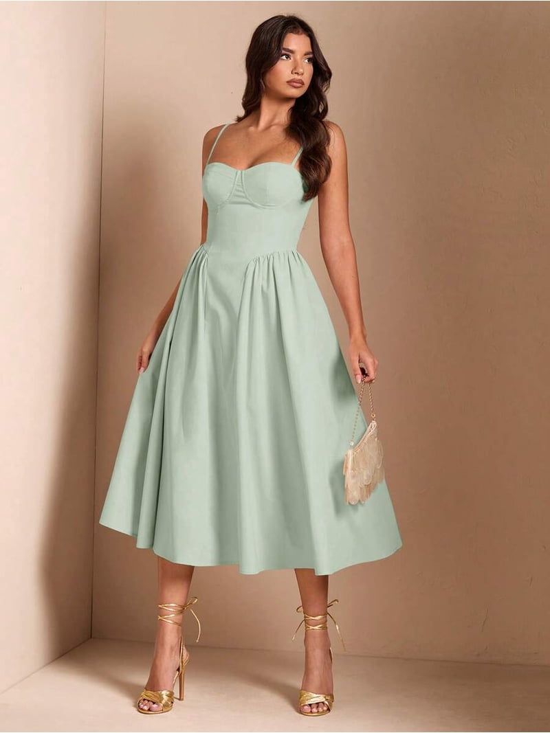 green fit and flare midi dress Women's Lace Puff Sleeve Fit and Flare Midi Dress, Green