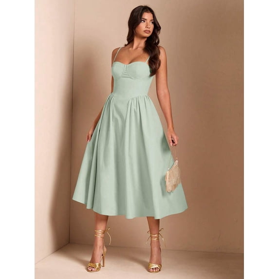 Mint Green Spaghetti Strap Fit & Flare Midi Dress For Elegant Day To Evening Wear