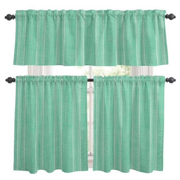 Mint Green Striped Kitchen Curtains Valances 3 Piece Set, Coastal Grandma Farmhouse Rustic Linen Texture Rod Pocket Tier Curtain and Valance Drapes for Small Window 36 Inch Length for Bedroom Cafe