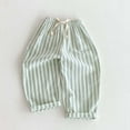 thumbnail image 1 of Mint Green Striped Pants for Kids Girls | Linen-Blend Cropped Capris with Elastic Waist & Drawstring | Relaxed Fit Play Outfits for Summer,Size 0 Month, 1 of 5