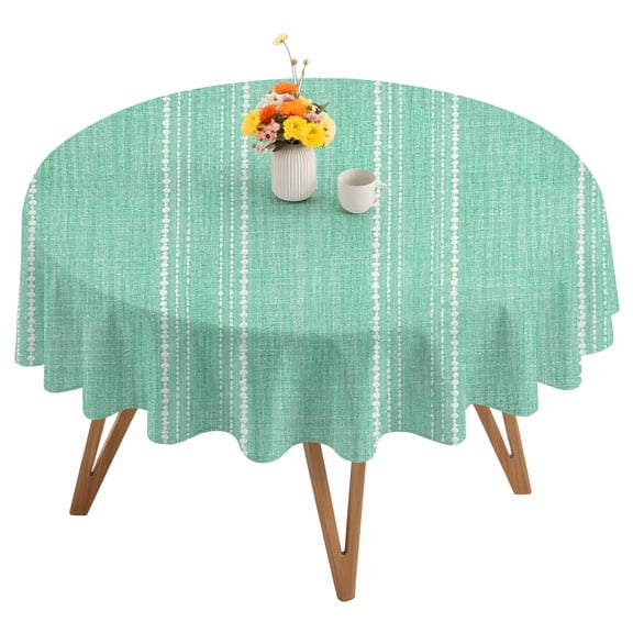 Mint Green Striped Round Tablecloth 54 inches Coastal Grandma Farmhouse Rustic Linen Texture Waterproof Oil-Proof Table Cloth Round Table Cover for Holiday Party Picnic Dinner Decor Indoor Outdoor