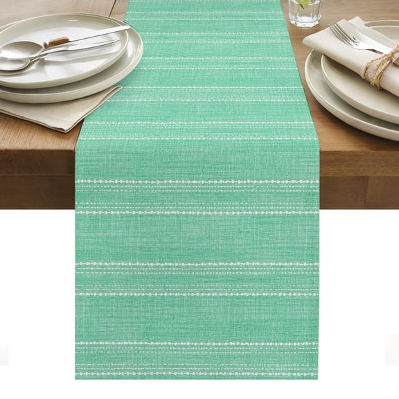 Mint Green Striped Table Runner, Coastal Grandma Farmhouse Rustic Linen Texture Washable Kitchen Table Runners Dress Scarves for Dining Table Decorations Party/Restaurant/Indoor Outdoor Use, 13x48in