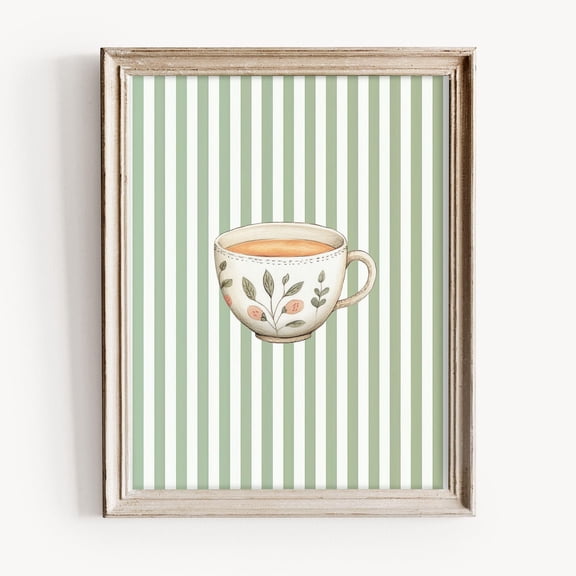 Mint Green Striped Teacup Print, Country Kitchen Wall Art, Pastel Teacup Illustration, Café Decor, Home Decor #1276, Unframed Canvas Size 8x12