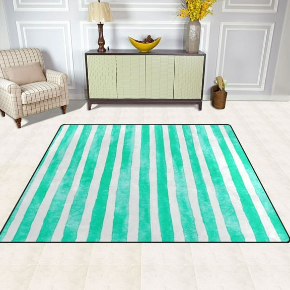 Mint Green Stripes 80''x58'' Extra Large Plush Memory Foam Rug, Soft, Absorbent, Non Slip