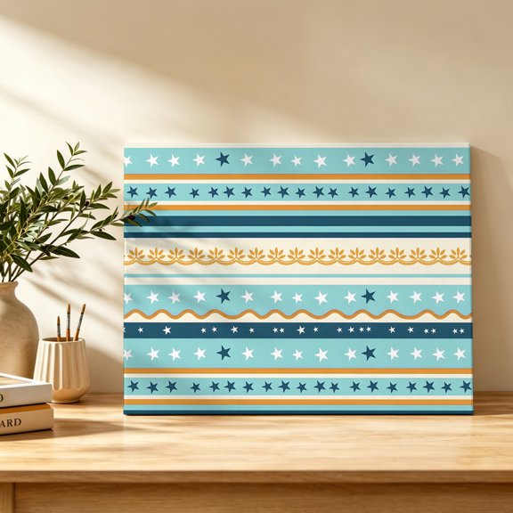 Mint Green Stripes Canvas Wall Art, Coastal Star Gold Wave Navy Line Striped Wall Art Prints Artwork Framed Canvas Ready to Hang Art Pictures for Bathroom Bedroom Entry Desk Corner 10" x 8"