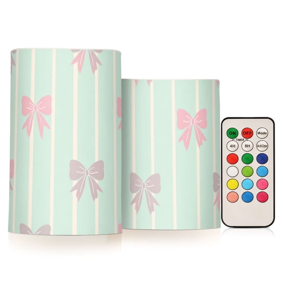 Mint Green Stripes Gradient Colored Bows Flickering Flameless Candles LED Tealight Battery Operated with Remote Set of 2 Holiday Decor Ornaments