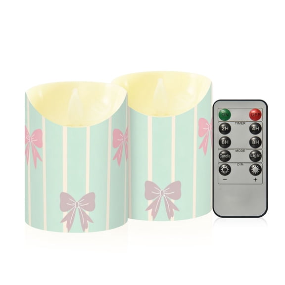 Mint Green Stripes Gradient Colored Bows Flickering Flameless Candles with Remote Timer Battery Operated LED Tealight Set of 2 S