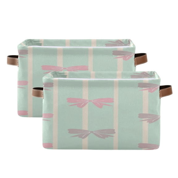 Mint Green Stripes Gradient Colored Bows Square Storage Bins with Handles Collapsible Containing Box 2 Packs