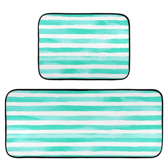 Mint Green Stripes Pattern 2-Piece Kitchen Carpet Mat Set, Non-Slip Memory Foam, Soft for Kitchen and Living Room Use