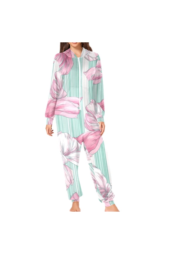 Mint Green Stripes Pink Bows Adult's Hoodie Onesie Jumpsuit One-Piece Pajamas with Zipper Unisex for Holiday M