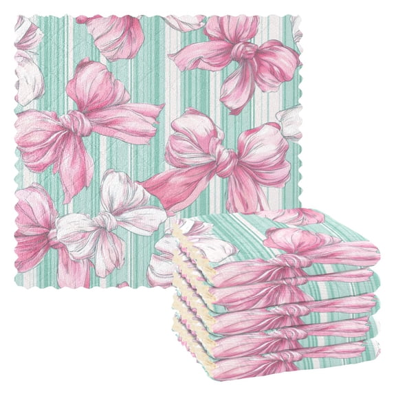 Mint Green Stripes Pink Bows Dish Cloths Dish Towels Cleaning Cloths Quick Drying Reusable 11" x 11" Set of 6