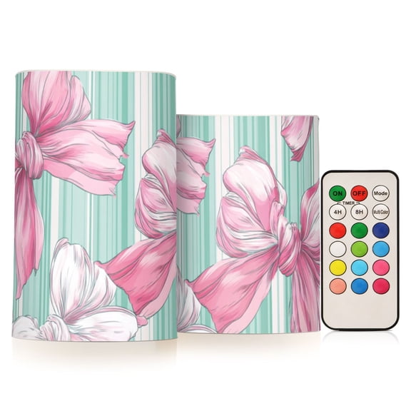 Mint Green Stripes Pink Bows Flickering Flameless Candles LED Tealight Battery Operated with Remote Set of 2 Holiday Decor Ornaments