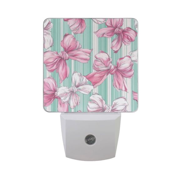 Mint Green Stripes Pink Bows LED Night Light Sensor Lamp Plug-in Adjustable Brightness 2 Pack