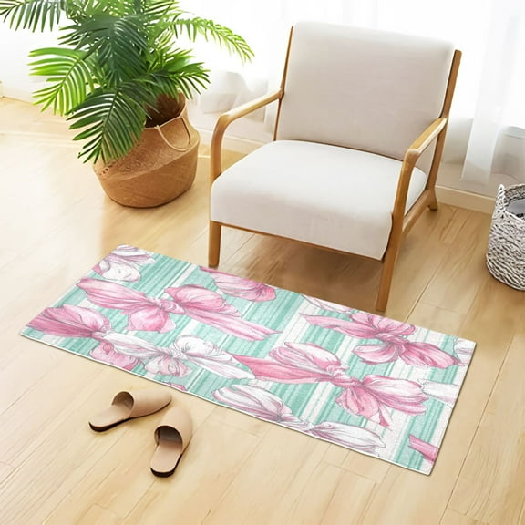 Mint Green Stripes Pink Bows Plush Carpet Non Slip Runner Rug Absorbent Bath Mat 39" x 20"