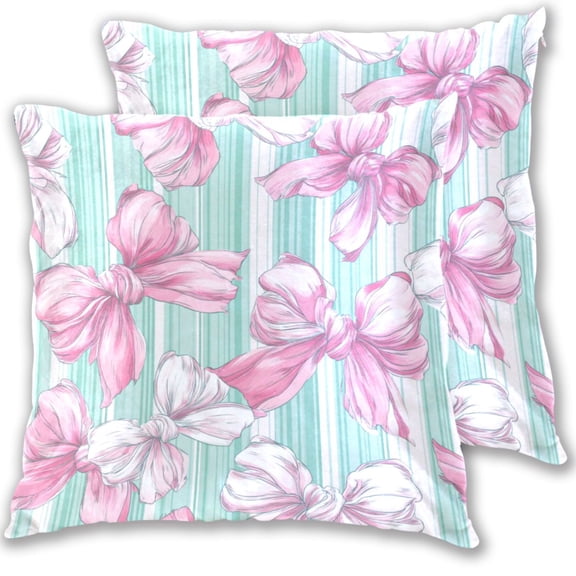 Mint Green Stripes Pink Bows Throw Pillow Covers Pillowcases 16 x 16 Inch Home Decor 2 Packs for Bedroom Sofa