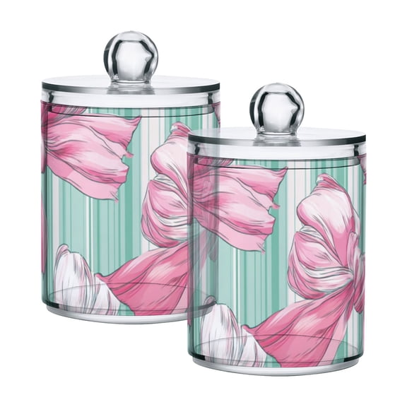 Mint Green Stripes Pink Bows Translucent Plastic Cans Storage Canisters with Lid Set of 2