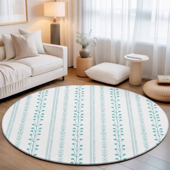 Mint Green Stripes Round Living Room Rugs 6 ft, Navy Blue Dashed Lines Shabby Chic Gray Leaf Washable Area Rug with Non-Slip Sturdy Edge Binding Round Carpet for Kitchen Office Bedroom
