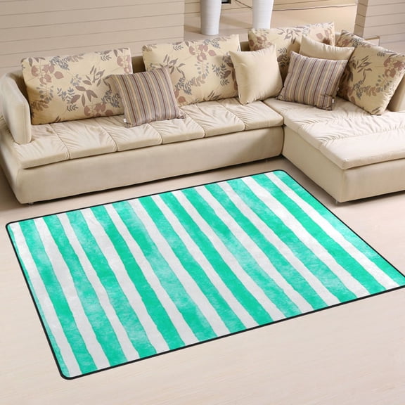 Mint Green Stripes Soft Polyester Area Rug 60''x39'', Non Slip, Memory Foam, Water Absorbent