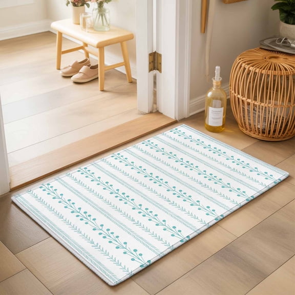 Mint Green Stripes Washable Small Entryway Area Rugs 2'x3', Navy Blue Dashed Lines Shabby Chic Gray Leaf Washable Throw Rug Non-Slip Sturdy Edge Binding Carpet for Front Door Floor Room Entry
