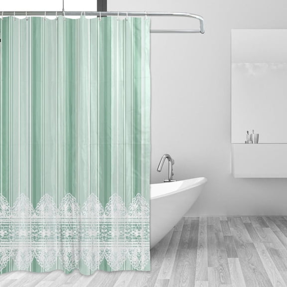 Mint Green Stripes with White Lace Border Shower Curtains with 12 Hooks Waterproof Bathroom Decor 66" x 72"