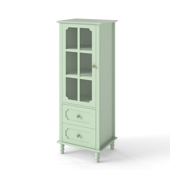 Mint Green Tall Display Cabinet, Glass Door Sideboard with Drawers for Entryway
