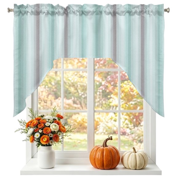 Mint Green Tan Striped Swag Valances for Windows, Small Curtains Drapes, Modern Boho Stripes Minimalist Kitchen Window Curtains Over Sink Window Treatment Valance for Bedroom/Bathroom 56"x36"