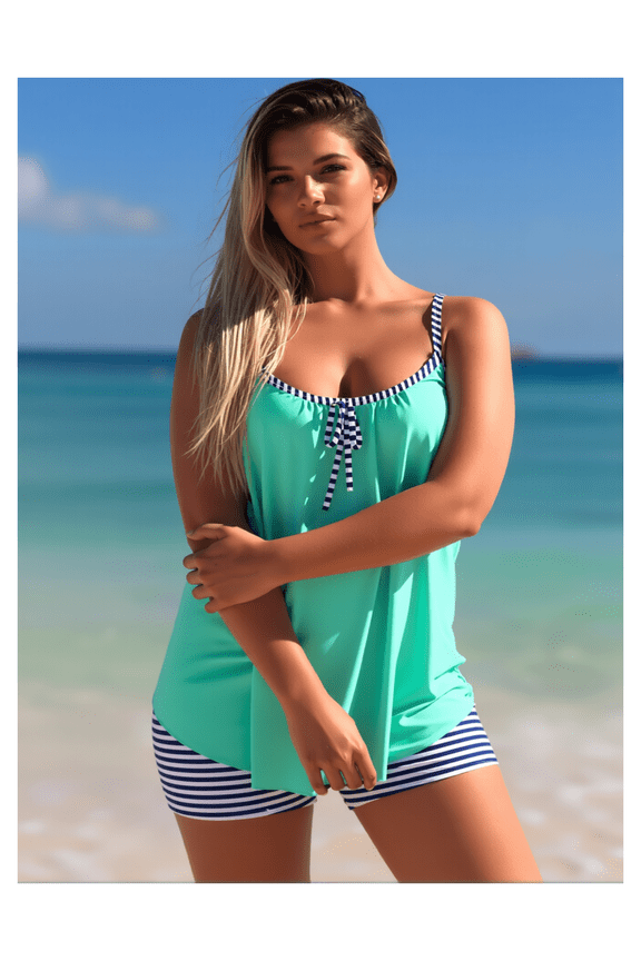 Mint Green Tankini Top Navy Striped Swim Shorts - Women's Two Piece Bathing Suit - Modest Swimwear for Vacation, Beach, Pool - UPF 50+ Sun Protection