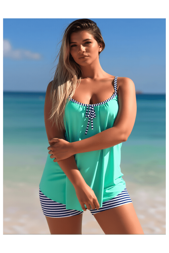 Mint Green Tankini Top with Navy Striped Shorts - Casual Beach Swimwear Set