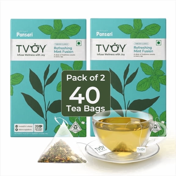 Tvoy Mint Green Tea Bags 20 Count Pack of 2 - Pyramid Tea Bags with Spearmint Peppermint - Natural Refreshing Flavor Loose Leaf Quality - India Green Tea for Hot or Iced, Low Caffeine Tea Bags