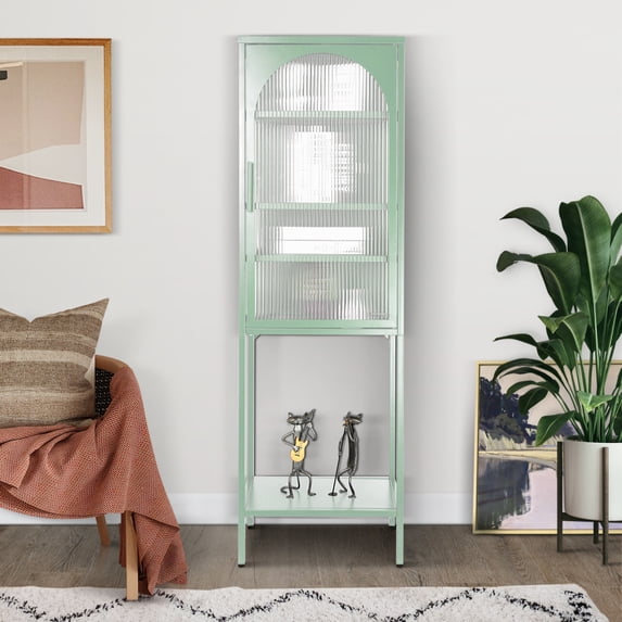 Mint Green Tempered Glass High Cabinet with Arched Fluted Glass Door, Adjustable Shelves & Anti-Tip Feet for Kitchen Storage & Display - Space-Saving & Durable Design