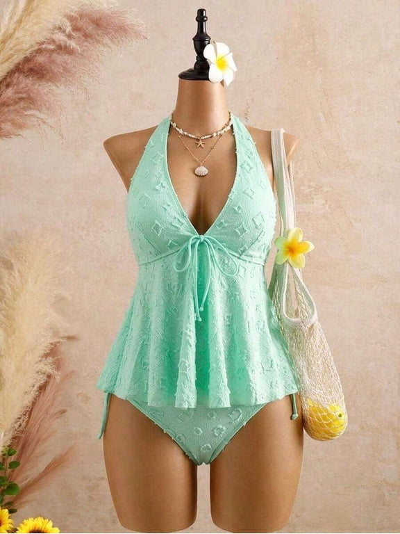Mint Green Textured Lace Halter Tie-Front Ruffled One-Piece Swimsuit
