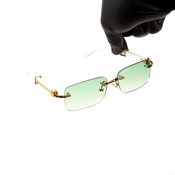 Mint Green Tint White Wood Arm Luxury Gold Frame Rimless Men's Frameless Designer Retro 90's Rectangular Lens Sun Glasses Hip Hop Shades Square Buffs Sunglasses For Men Women
