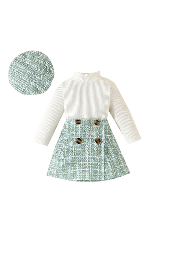 Mint Green Tweed Dress Set for Kids Girls 3-Pc Outfit with Beret | Holiday Christmas Party Dress,Size 3-4 T