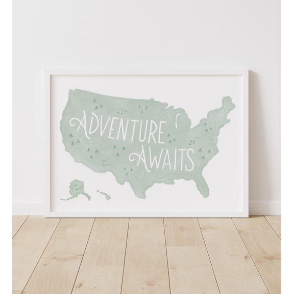 Mint Green Us Map Woodland Adventure Awaits Poster, Elegant Nursery Theme For Nursery And Playroom Decor