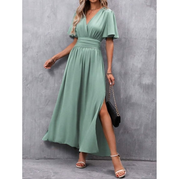 Mint Green V-Neck Butterfly Sleeve High Slit Maxi Dress For Women