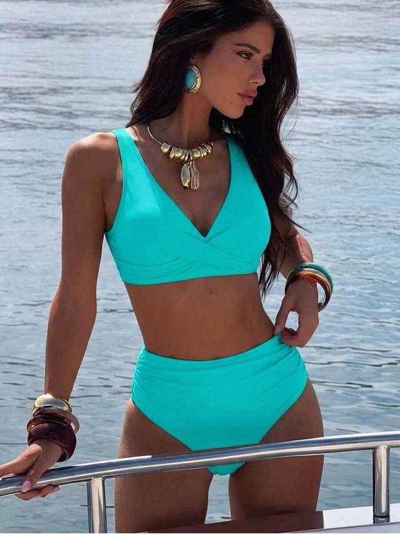 Mint Green V-Neck Twist Front High Waist Two-Piece Bikini Set