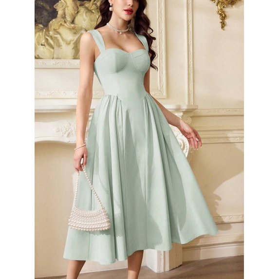 Mint Green Vintage Fit & Flare Midi Dress With Sweetheart Neckline And Pockets