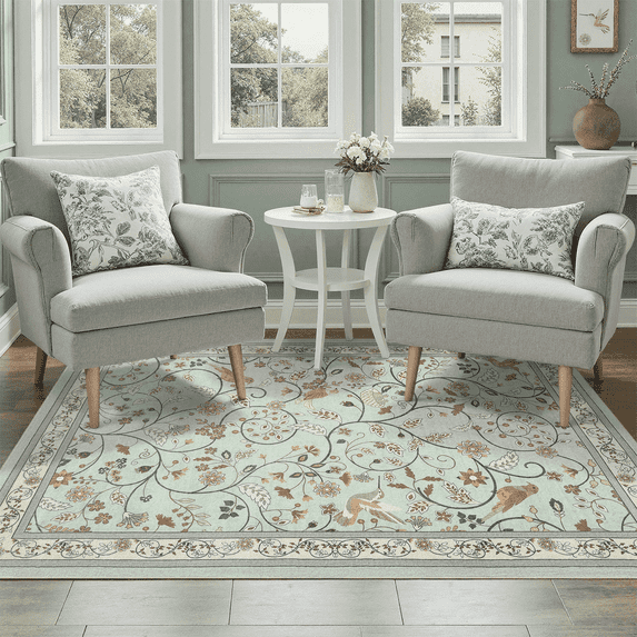Mint Green Vintage Floral 3x5 Rug, Machine Washable Botanical Bird Rug Non Slip Soft Low Pile Small Carpet for Entryway, Kitchen, Bathroom-Green