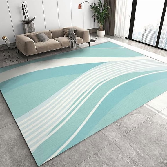 Mint Green Wave Area Rug, Boho Abstract White Stripe Living Room Rug, Indoor Non-Slip Bedroom Rug, Machine Washable Breathable Durable Carpet for Front Entrance Floor Decor 2 x 3ft