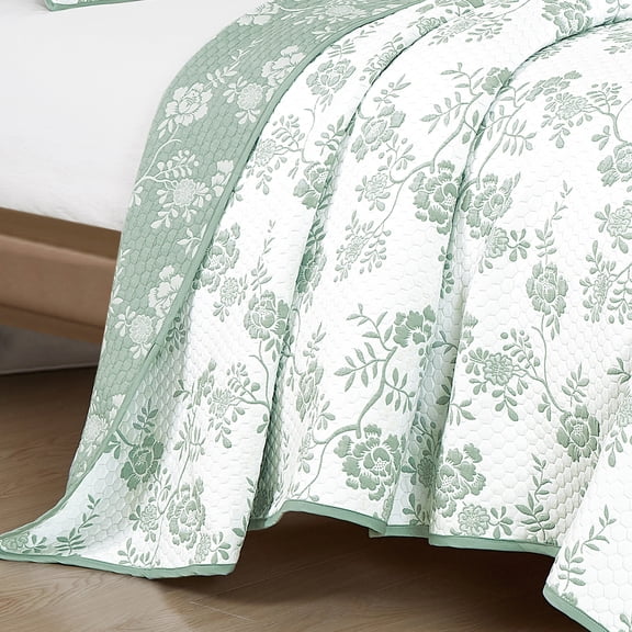 Mint Green & White Floral Pattern 3-Piece Reversible Cotton Bedspread Set,Queen