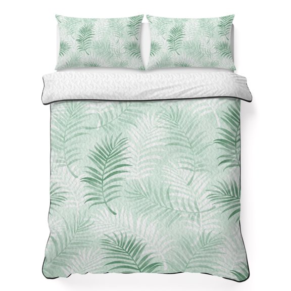 Mint Green White Palm Leaves 3 Piece Quilt Bedding Set with 2 Pillow Shams, Botanical Forest Ferns Lightweight Bedspread Coverlet, Soft Breathable All Season Quilt, 68 x 98 Inch