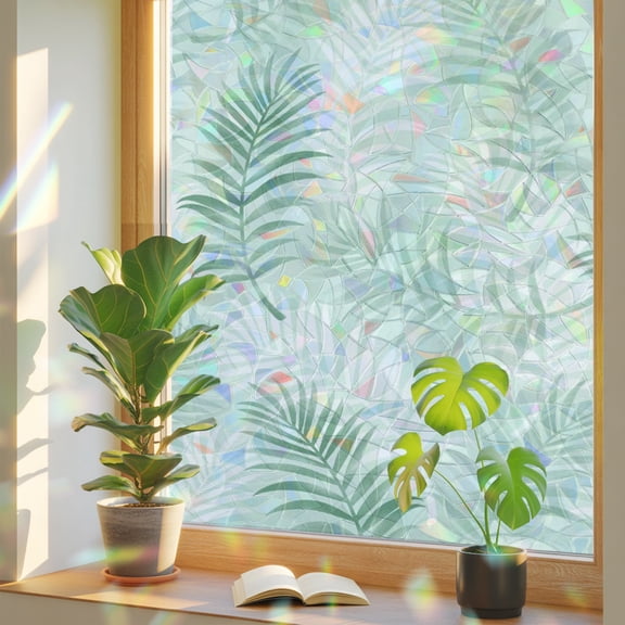 Mint Green White Palm Leaves Window Privacy Film, Botanical Forest Ferns Stained Glass Rainbow Film Decorative Window Clings, Static Cling Sun Blocking Stickers 17.7" x 39.3"