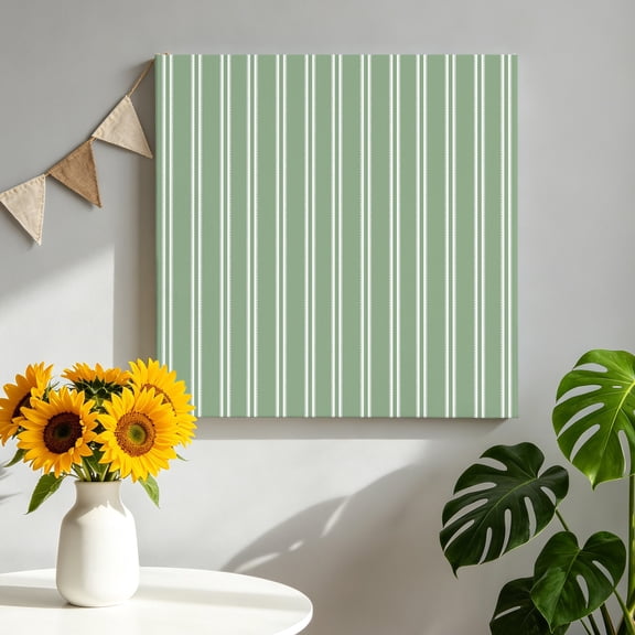 Mint Green White Stripes Canvas Wall Art, Modern Green Verticals Lines Framed Canvas Wall Decor Picture Print Artwork Decorations for Living Room Office Ready to Hang 8" x 8"