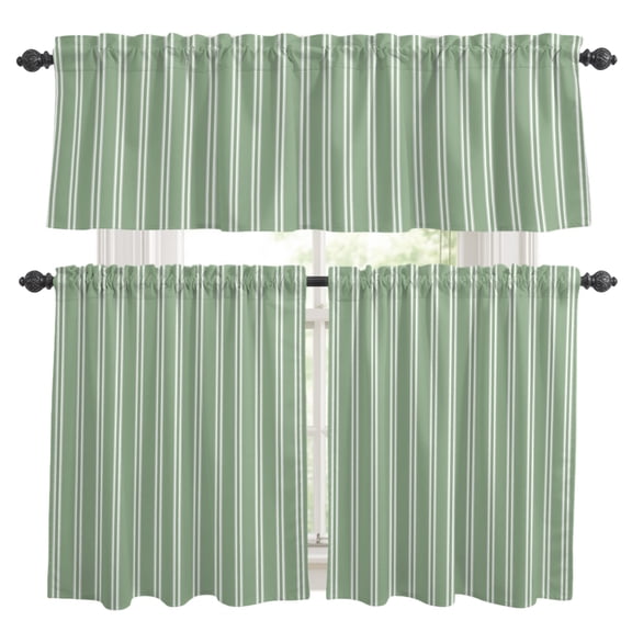 Mint Green White Stripes Kitchen Curtains Valances 3 Piece Set, Modern Green Verticals Lines Rod Pocket Tier Curtain and Valance Drapes for Small Window 36 Inch Length for Bedroom Cafe
