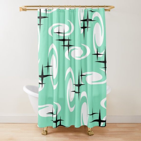 Mint Green White Swirls and Black Starbursts Shower Curtain, 100% Polyester, Retro Atomic Bathroom Decor