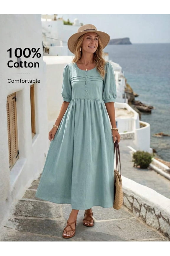 Mint Green Womens Casual Round Neck Puff Sleeve Maxi Dress With Button Front Smocked Waist