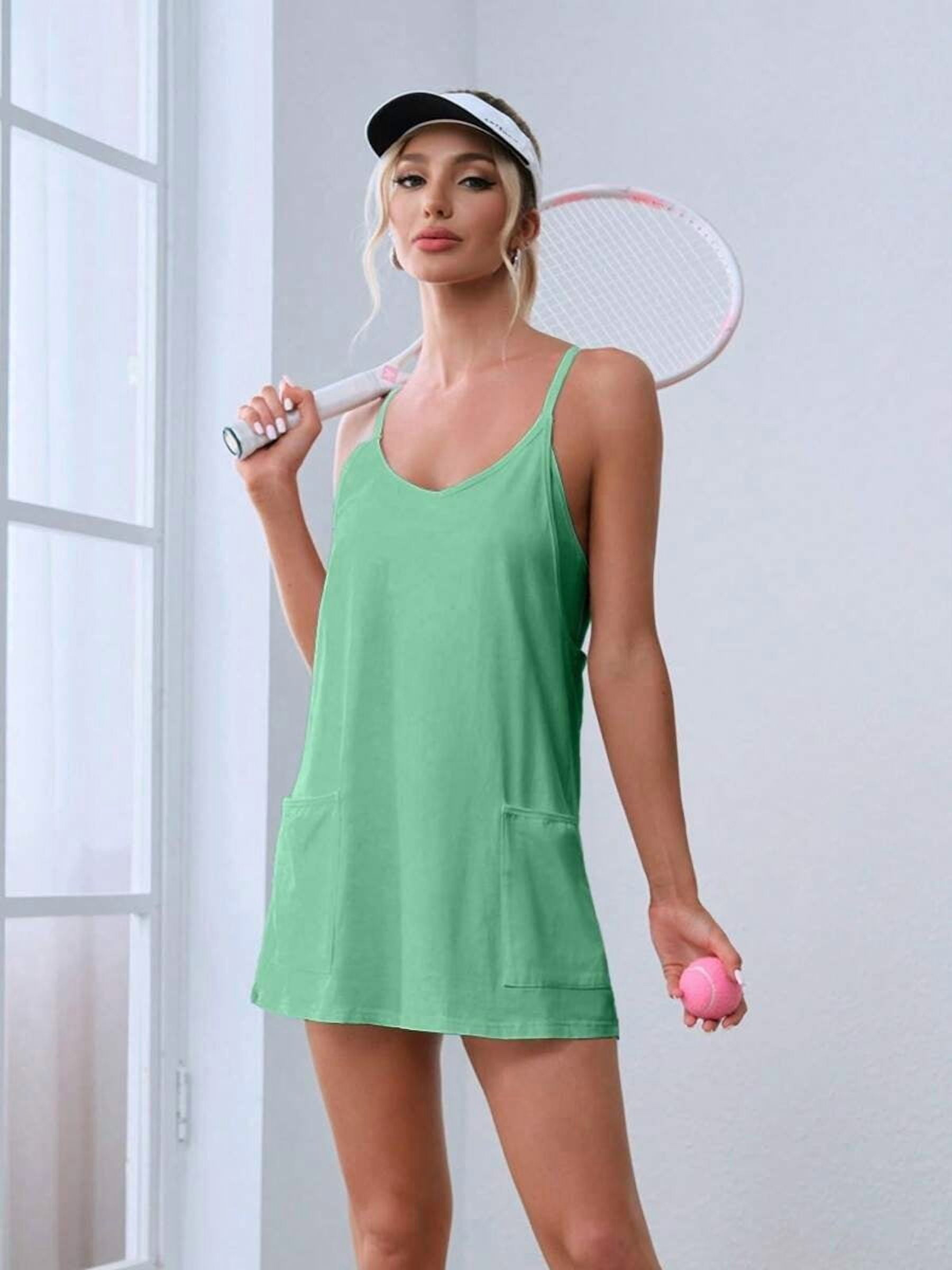 Mint Green Womens Sleeveless Athletic Tennis Mini Dress With Pockets For Workout And Summer