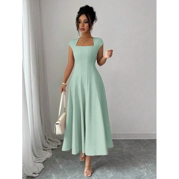 Mint Green Womens Square Neck Cinched Waist A-Line Midi Dress For Spring Summer Casual Vacation